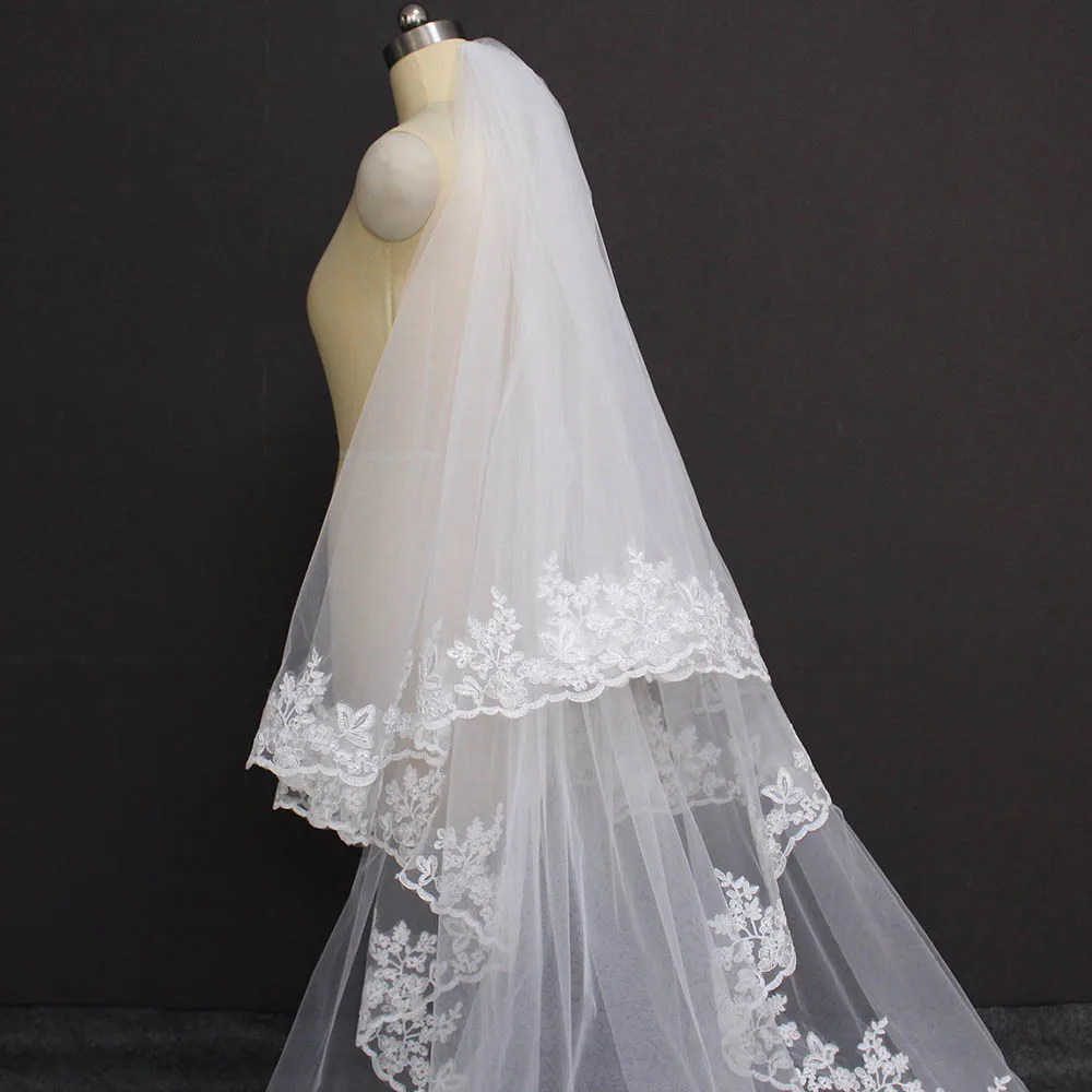 Customized Lace Cathedral 2 Layers Wedding Veil 3M/4M/5M bridal veil