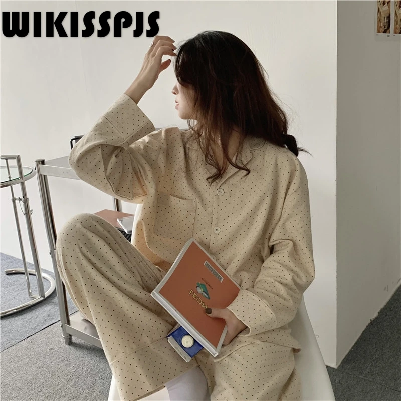 

WIKISSPJS 2022 New Cotton Housewear Autumn Polka Dot Long Sleeve Cardigan Loose and Comfortable Suit Lounge Sets Loungewear