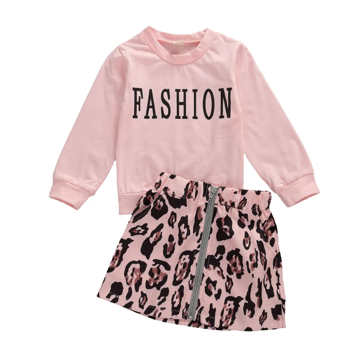 

18M-7Y Baby Girls Fashion Clothing Long Sleeve Tops Blouse+Zipper Leopard Printed Skirts 2Pcs Sets Summer Fashion Girls Outfit