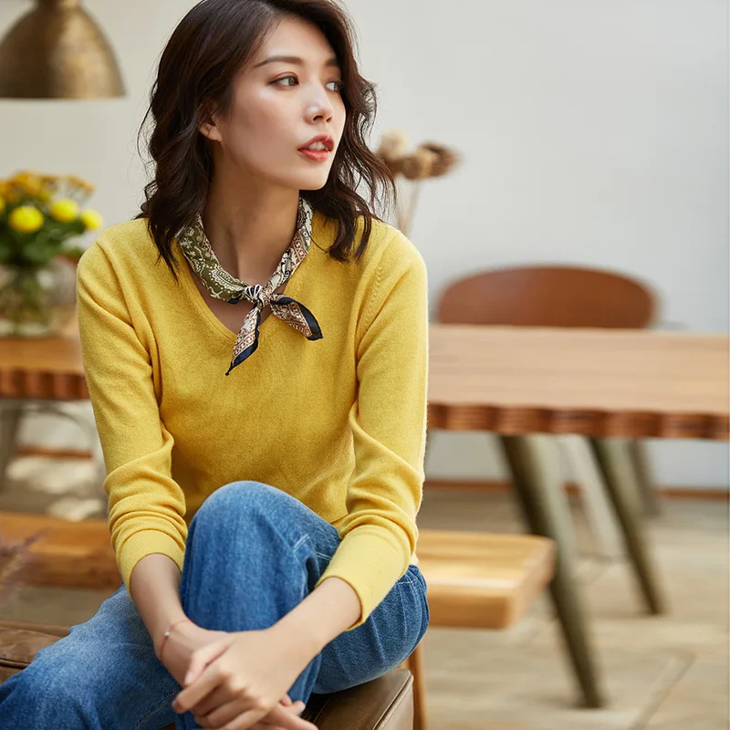 

AIGYPTOS Autumn Winter Women Elegant Slim Pure 100%Cashmere V-Neck Soft Pullover Warm Sweater Yellow/Black sueter mujer clothing