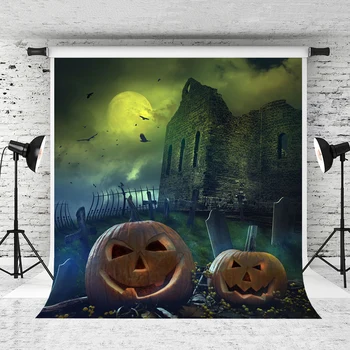 

VinylBDS 5X7FT Halloween Theme Night Photography Backgrounds Happy Pumpkin Backdrops Bat Castle for Children Photo Studio