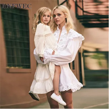 

New 2019spring High Quality Designer Runway Dress Women Casual A-line Flare Sleeve White Hollow Out Midi Dress Cotton Dress E858
