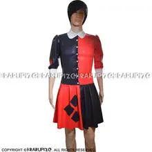 

Sexy Latex Dress Clown With Buttons Front Turn Down Collar Half Sleeves Rubber Uniform Bodycon Playsuit LYQ-0082