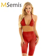 Для женщин купальник прозрачная белье раздельный купальный костюм купальник, на бретелях шеи Топ-Бюстгальтер с короткими рукавами женский купальный костюм