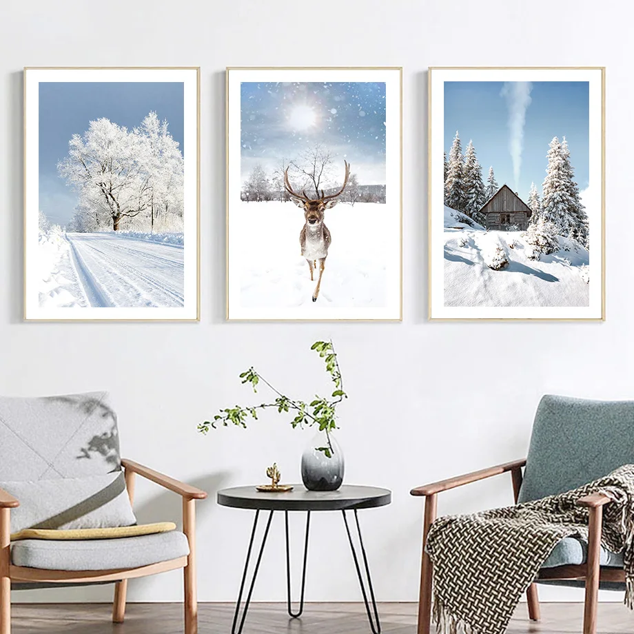 Winter Snow Sunlight Forest Lake Deer Cabin Nordic Posters And Prints Wall Art Canvas Painting Pictures For Living Room Decor