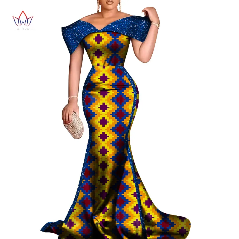 african wear for ladies 2022 New Custom African Evening Dresses for Women Bazin Dashiki African Print  Cotton ladies Mermaid Party Dress WY8681 african pants