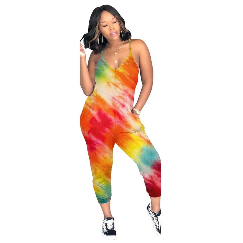 Женский Летний комбинезон на бретелях спагетти с принтом Tie Dye открытой спиной и