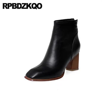 

high heel square toe 2019 block fall luxury fur ankle chunky shoes brand women winter boots genuine leather black booties thick
