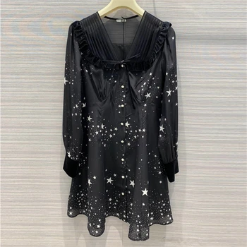 

Elegant Silk Satin Dress Women Sexy V Neck long Sleeve Ruffle bow tie mini Wrap Dress Ladies A Line silk Dress Vestido