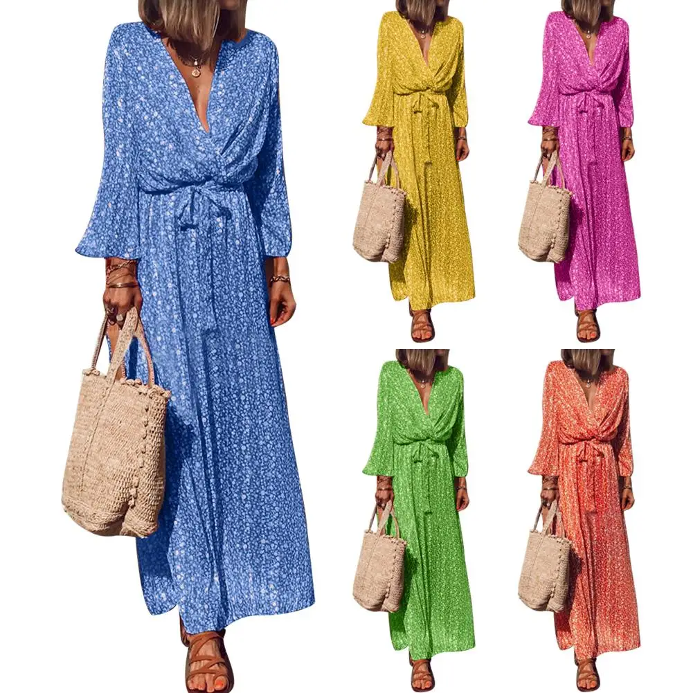 

Plus Size Women Bohemian Flower Print Deep V Long Sleeve Bandage Maxi Dress