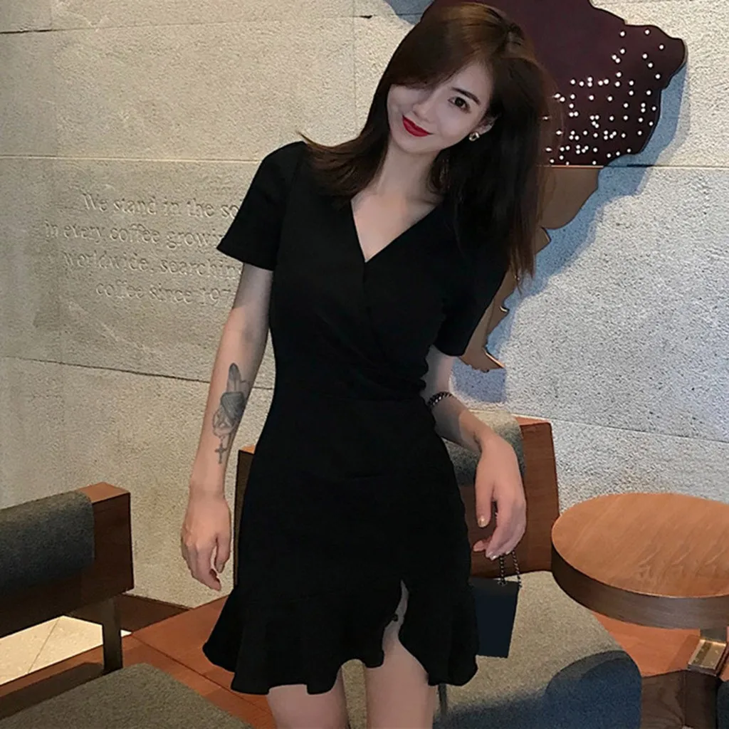 Women's Sexy V-Neck Above Knee High Hip Ruffles Summer Short Sleeve Dress Low-cut thin high waist#guahao | Женская одежда