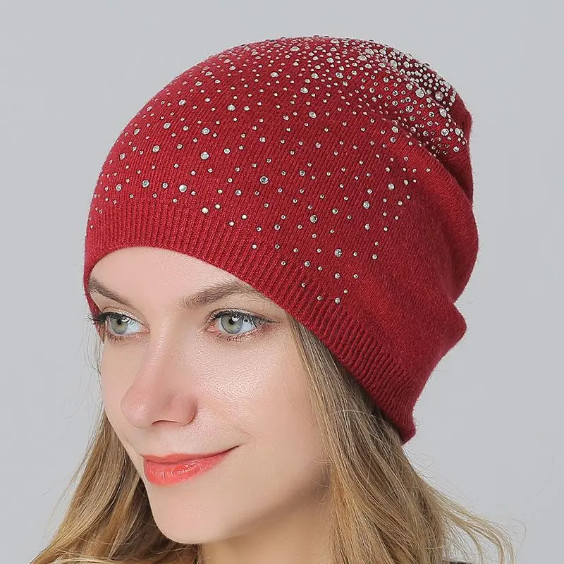 Женская шерстяная вязаная шапка Стразы шляпа на зиму осень теплые лыжные