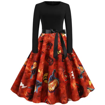 

Women Vintage Dress Halloween Costumes Black Patchwork Long Sleeve Pumpkin Print Party Dresses Casual Autumn Winter Midi Vestido