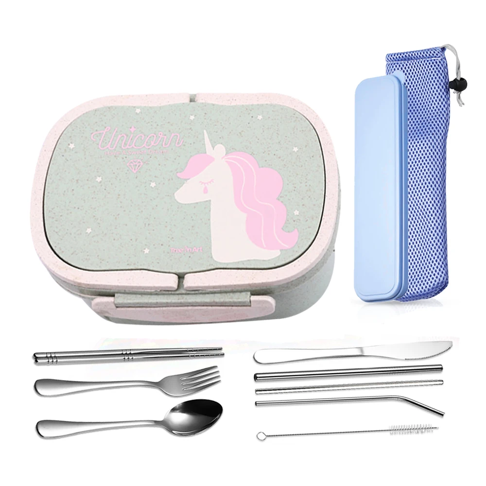 with cutlery2 Милый мультяшный Ланч-бокс с единорогом, детский набор Bento коробок для школьниц, портативный термо-Ланч-бокс для девочек, набор столовых приборов и сумка для ланча - Цвет: with cutlery2