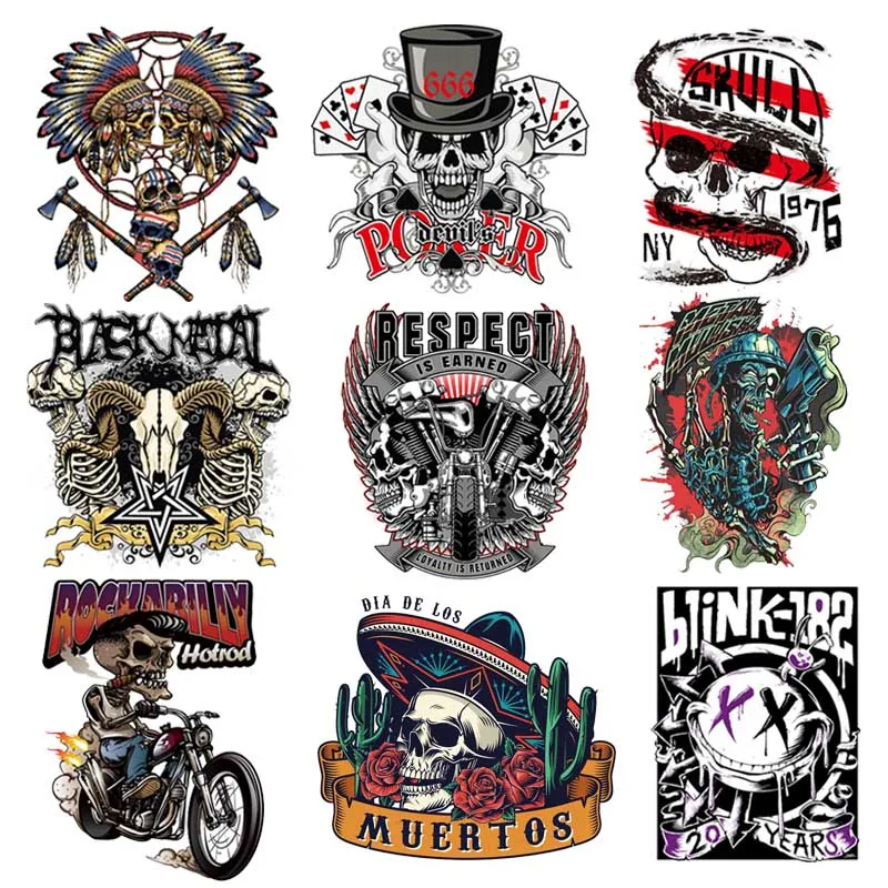 Pulaqi Punk Rock Skull Patch Vinyl Transfer Hot Iron on Transfers Patches for Clothes Stripes Thermal Stickers Badges | Дом и сад