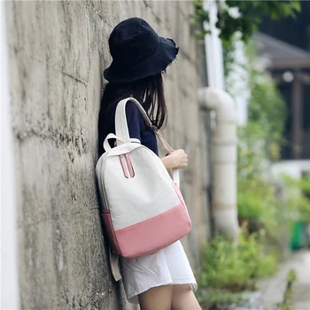 

Fashion Contrast Color Linen Women Outdoor Travel Casual Student School Backpack Laptop Backpack Patchwork Backpack