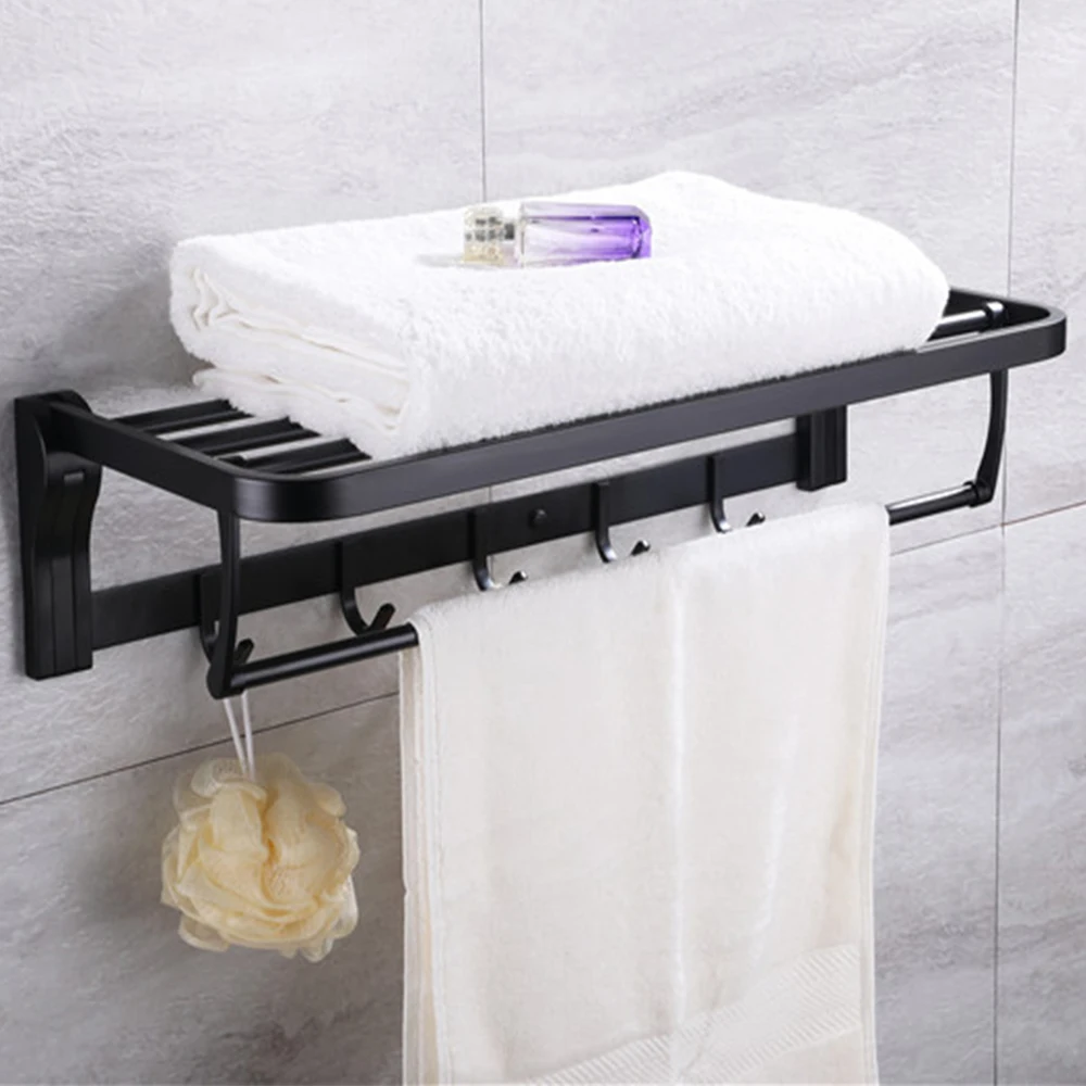 Towel Rack Shelf Hooks Movable Bar SUS 304 Stainless Steel Wall Mount