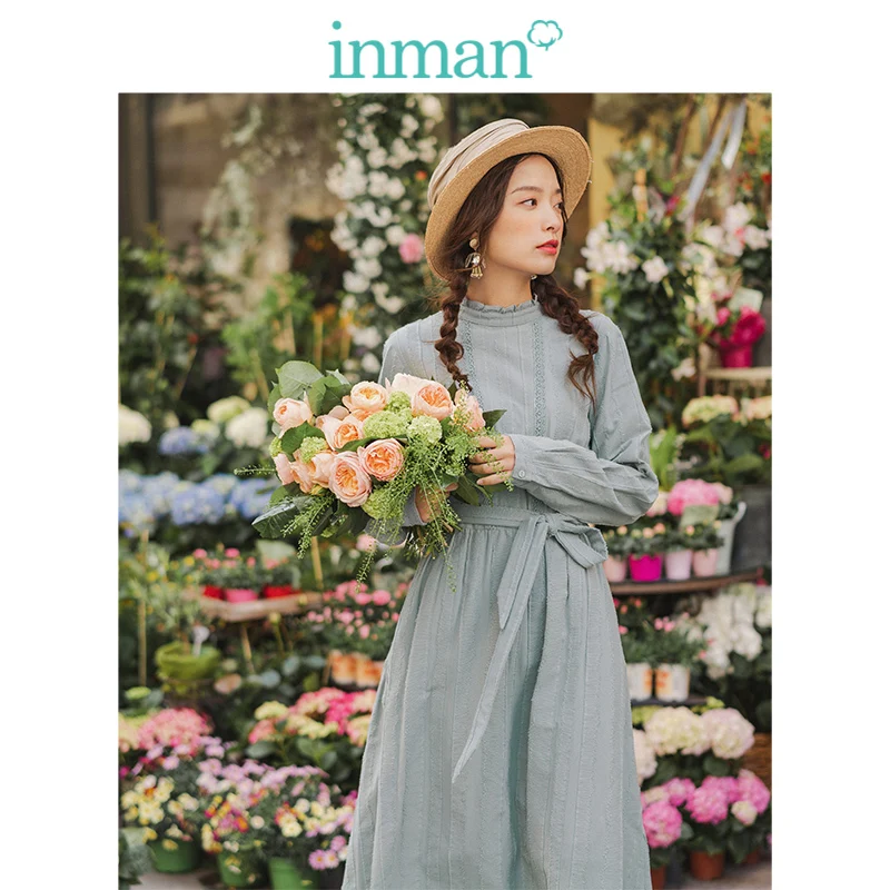  INMAN Spring Autumn Retro Lace Stand up Collar Jacquard Cotton Defined Waist A-line Solid Romantic 