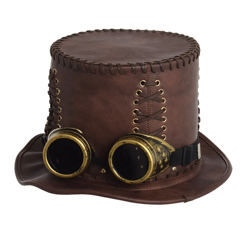 

Unisex Vintage Steampunk Fedora Victorian Brown PU Top Hat With Goggles Halloween Cosplay Hats