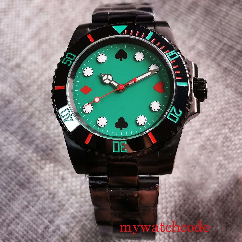 New 40mm Tandorio Brand Black PVD Case Automatic Men Watch Sapphire Glass MIYOTA 8215 Movement Green Sterile Dial Poker Pattern afbeelding