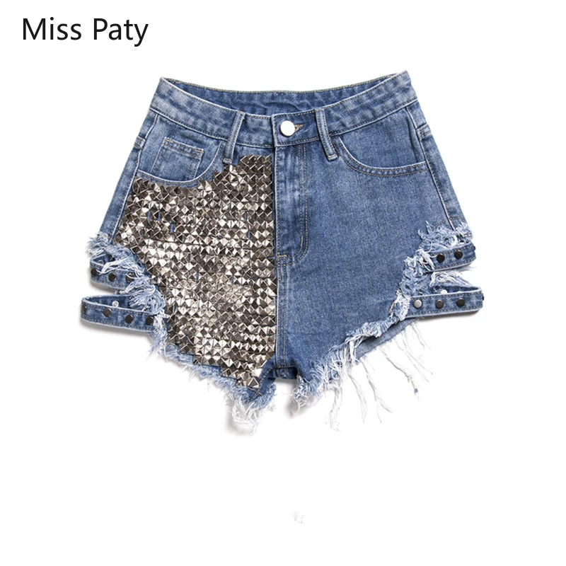 

Шорты женские с заклепками, пикантные джинсовые с завышенной талией, с широкими штанинами, свободные в Корейском стиле, чёрные в стиле панк, лето