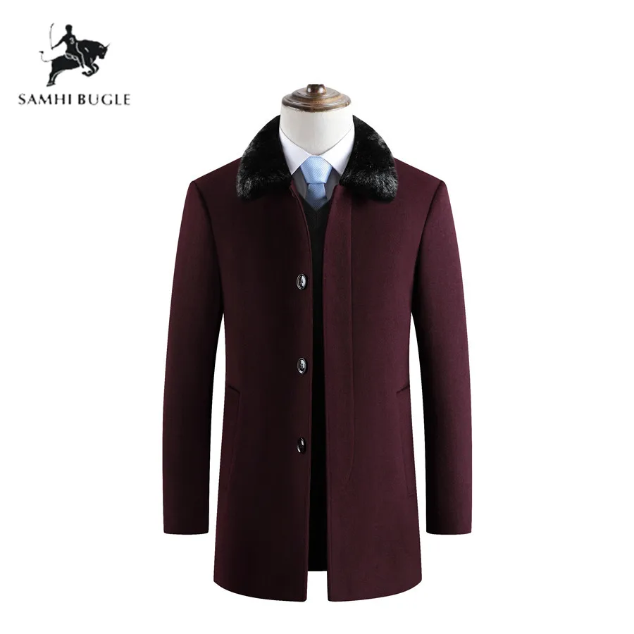 Wine Fur collar Casaco Masculino Abrigo зимнее пальто мужское шерстяное пальто плотное шерстяное пальто для мужчин теплое пальто с меховым воротником куртки размера плюс M-4XL - Цвет: Wine Fur collar