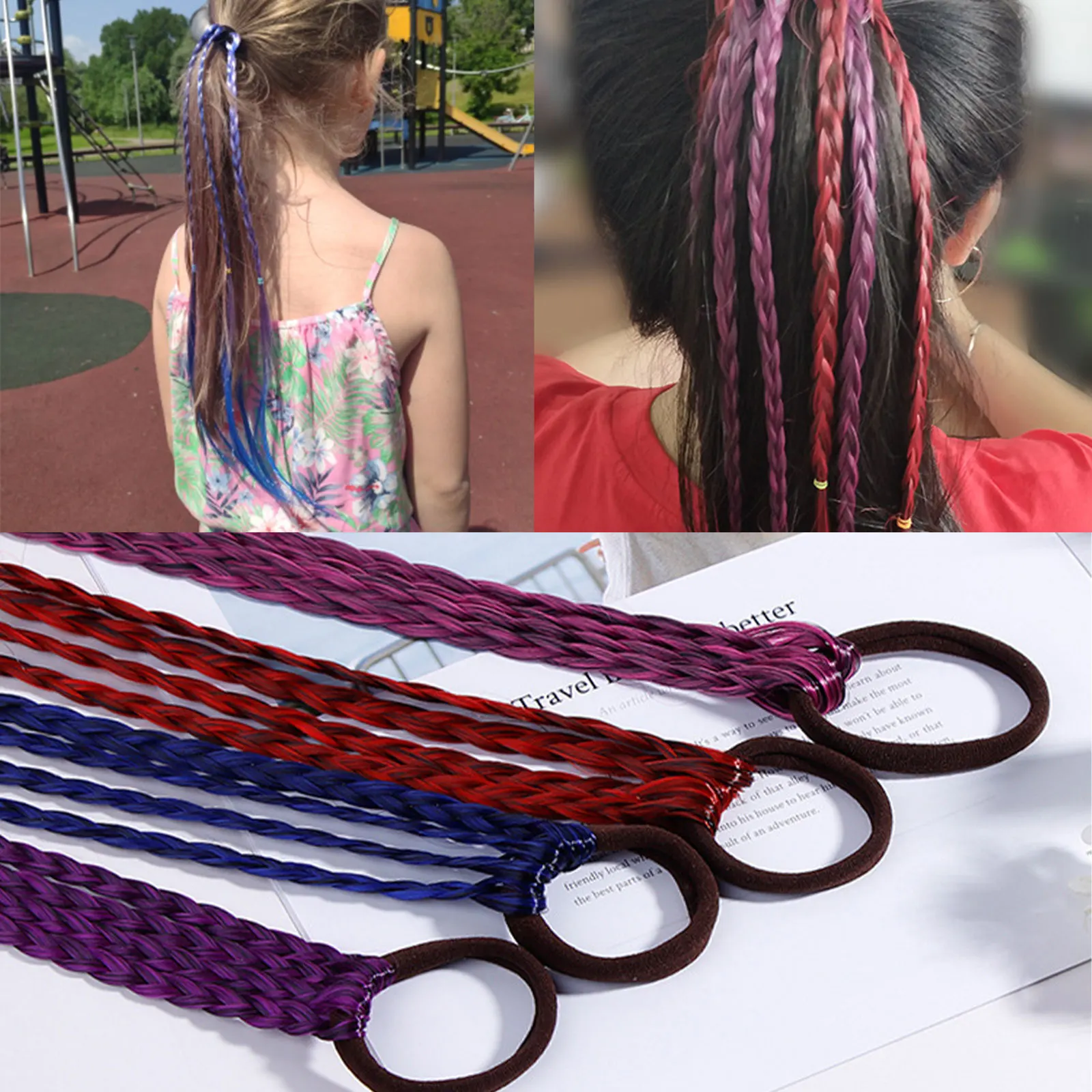 10PCS Assorted Colors Braided Ponytail Extension Wig with Elastic Rope for Kids Girls Parties Festivals Costume Hair Accessories