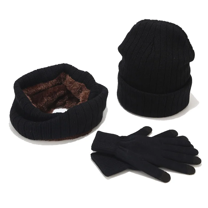 Женская зимняя шапка, шарф, перчатки, набор для мужчин, уплотненная Теплая Бархатная шапка, модная мягкая однотонная женская шапка - Цвет: black