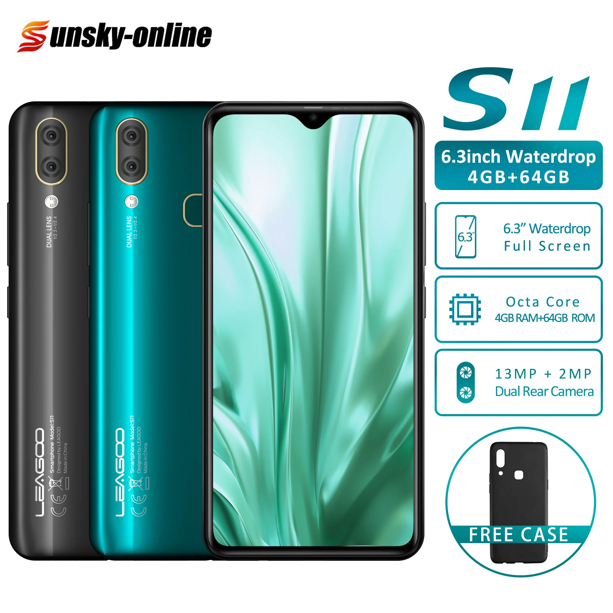 

Android 9.0 LEAGOO S11 Smartphone 6.3" Waterdrop Full Screen 8MP+13MP 4GB+64GB Octa Core Grobal Lte Bands Dual 4G Mobile Phone
