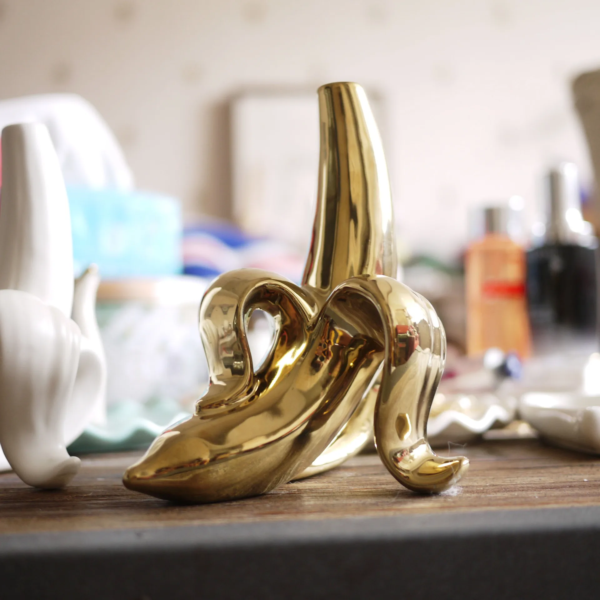 Creative Home Ceramics Matte White Gold Banana Bud Vase Creative Home Ceramics Matte White Gold Banana Bud Vase