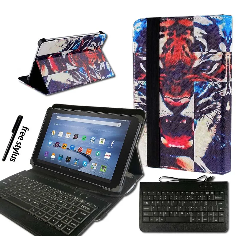 KK&LL для Amazon Fire HD 8(6th/7th/8th Gen, выпуск)-кожаный чехол-книжка для планшета+ клавиатура Micro USB - Цвет: Tiger