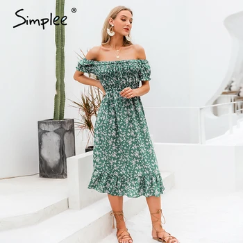 

Simplee Off shoulder women boho dress Floral print ruffle high waist female midi dress Holiday summer beach ladies dresses 2020