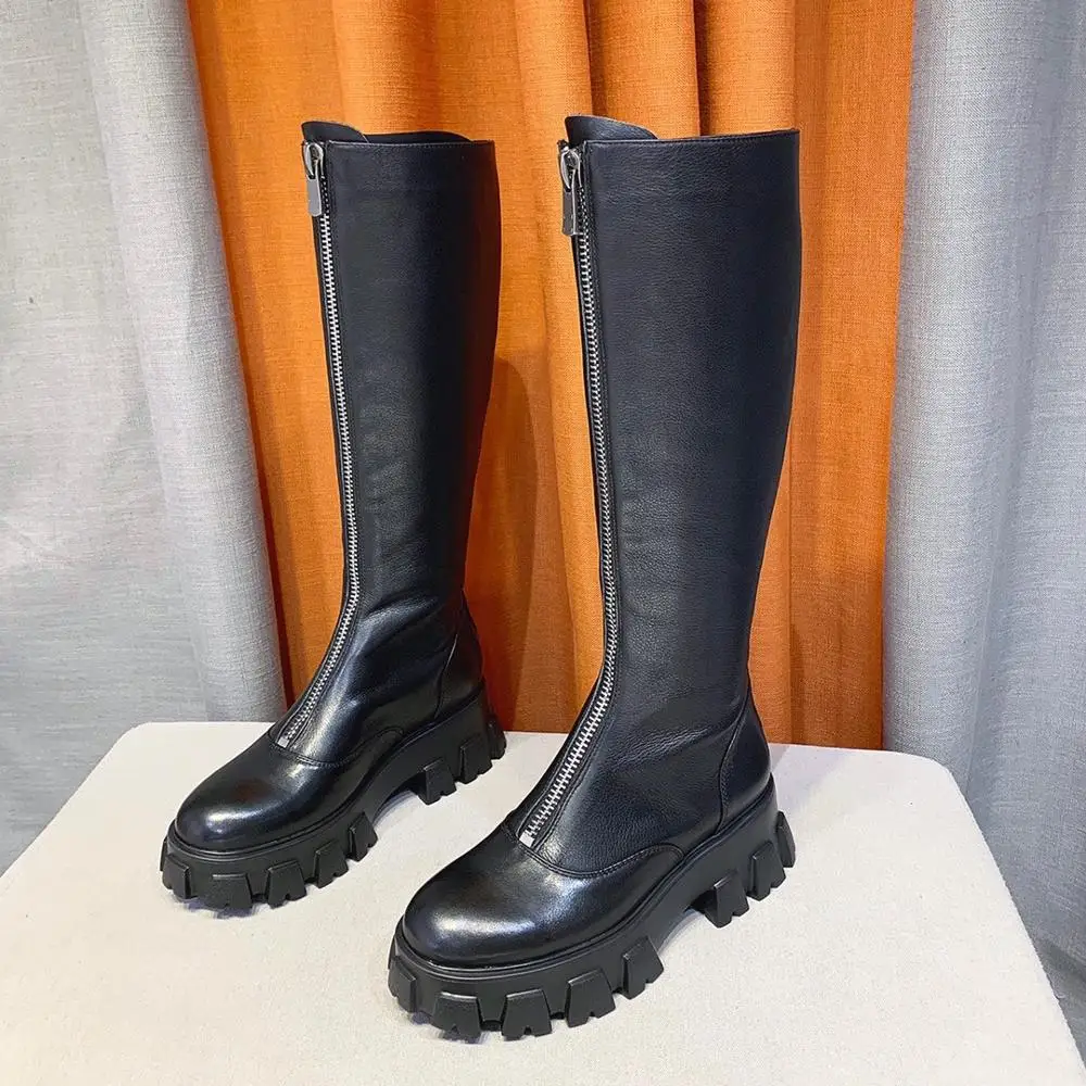 Лидер продаж; Botas Mujer; высокие сапоги из коровьей кожи; сапоги до колена на платформе и каблуке; сапоги на молнии; женские сапоги на низком каблуке с круглым носком