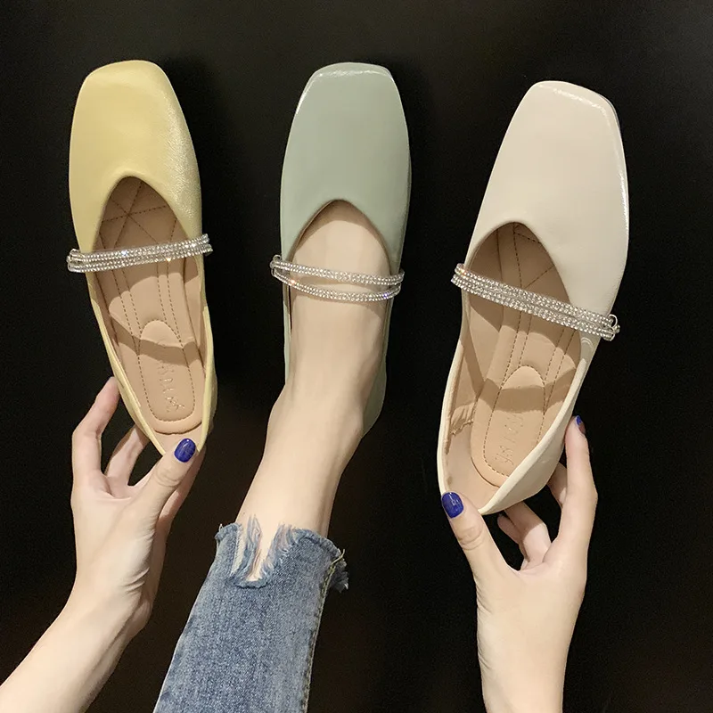 

2019 New Style Spring And Summer-Online Celebrity Celebrity Style Versitile Fashion Man-made Diamond Moccosins-Square Head Soft-