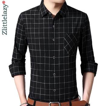 

2019 brand casual pocket plaid long sleeve slim fit men shirt streetwear social dress autumn shirts mens fashions jersey 92311