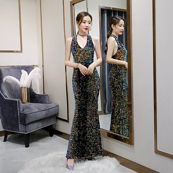 

Formal Evening Dress Colorful Sequin Halter Prom Dresses Mermaid Floor Length Party Gowns Formal Elegant Robe De Soiree F348