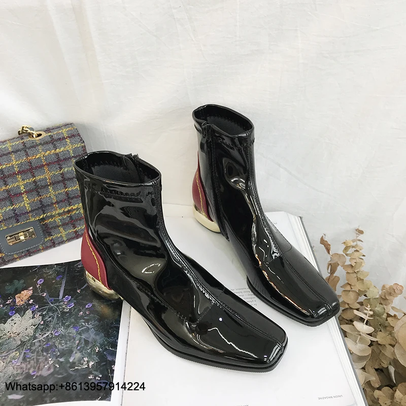 

Boot Ankle For Women Female Shoes Slip-On Botas Mujer Patent Leather Chaussures Femme Square Toe Ladies Boots Med Heels