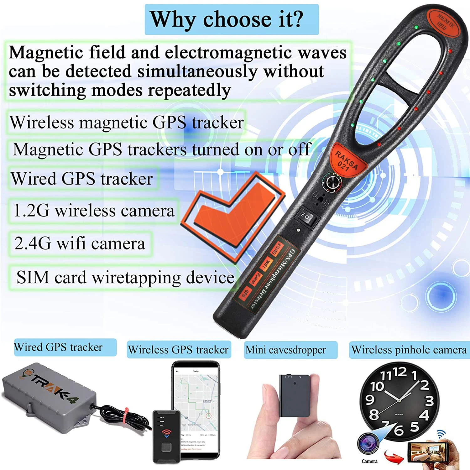 Raksa 021 Handheld Security Scanner For Detect Wireless RF Signal And Magnet Detector