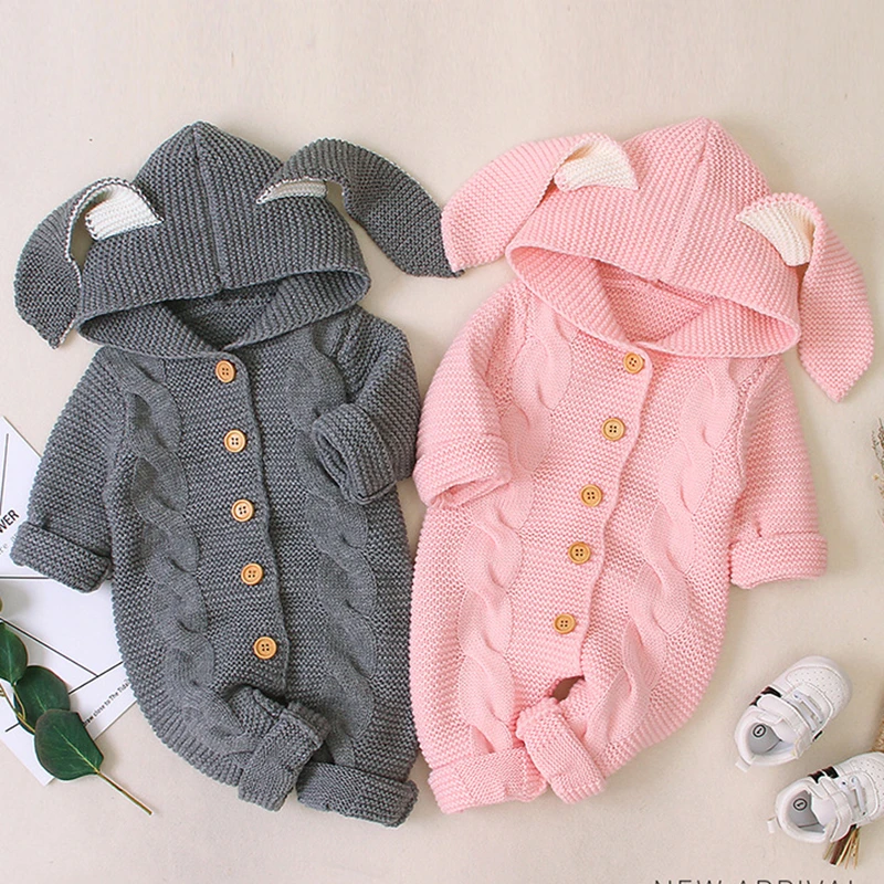 2021 New Infant Baby Boys Girls Rabbit Ears Hooded Rompers Clothes Children Baby Boy Girl Kids Knitting Long Sleeve Rompers Cotton baby suit