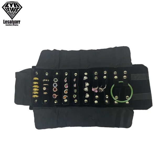 Sac en rouleau de bijoux, étui de transport Portable, organisateur en velours noir, boîte de rangement multifonctionnelle pour colliers, bagues, boucles d'oreilles, vente en gros