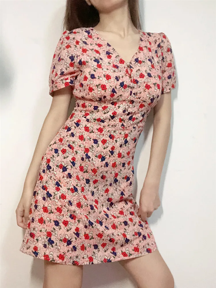 

Women Floral Print Dress With Button Vintage V Neck Short Puff Sleeve Sweet Lady Mini Dresses