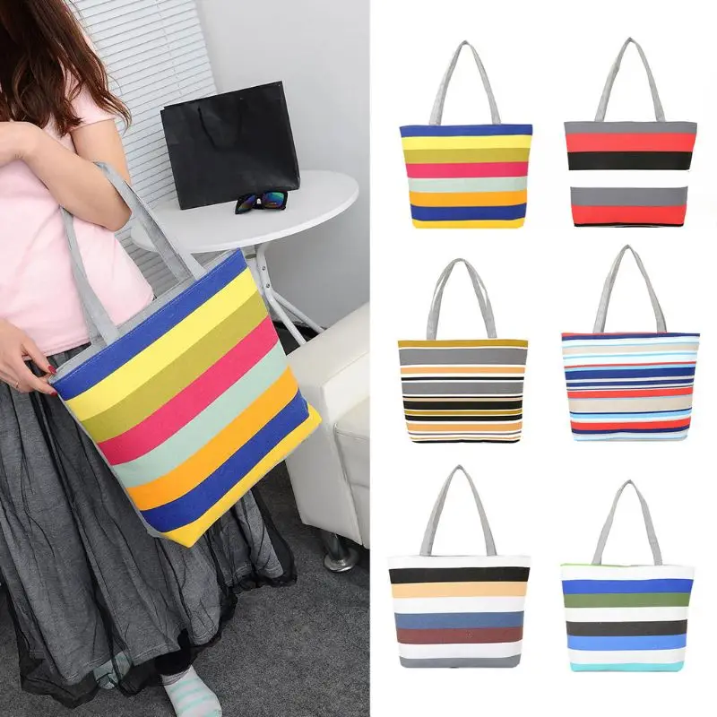 Женская летняя пляжная сумка на плечо, модная сумка в полоску из парусины, Большая вместительная сумка на молнии
