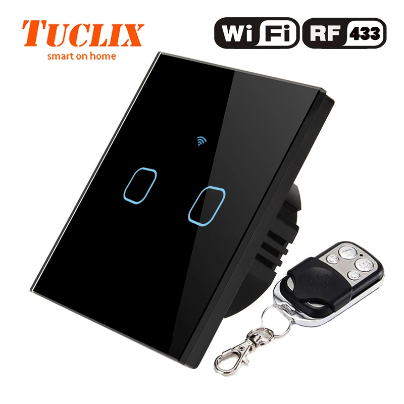 TUCLIX EU/UK настенный светильник с WiFi, 2 комплекта, 1 способ, 110-240 В, Кристальное стекло, панельный переключатель, водонепроницаемый, сенсорное управление - Цвет: WiFi-RF-02 Black-X