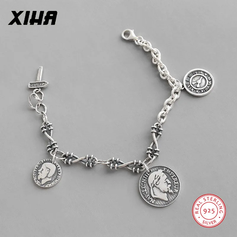 925 пробы серебро Rolo звено цепи Наполеон император браслеты с подвесками в форме монет для женщин бесконечность черный Регулируемый диск браслет