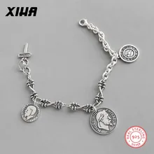 925 пробы серебро Rolo звено цепи Наполеон император браслеты с подвесками в форме монет для женщин бесконечность черный Регулируемый диск браслет