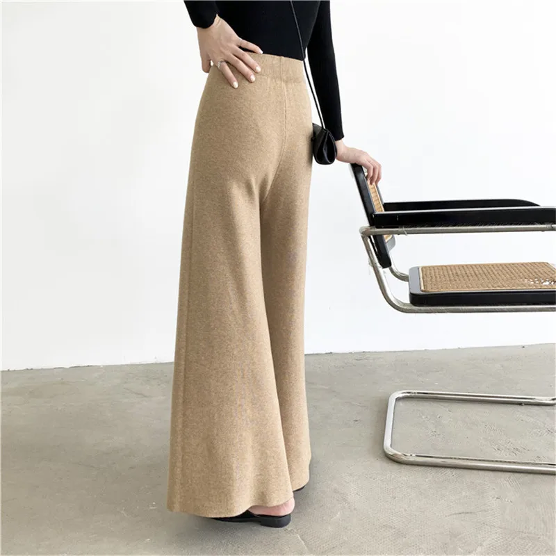 BGTEEVER Winter Buttons Lace-up Knitted Pants Women High Waist Women Sweater Pants Casual Loose Knitting Trousers Female
