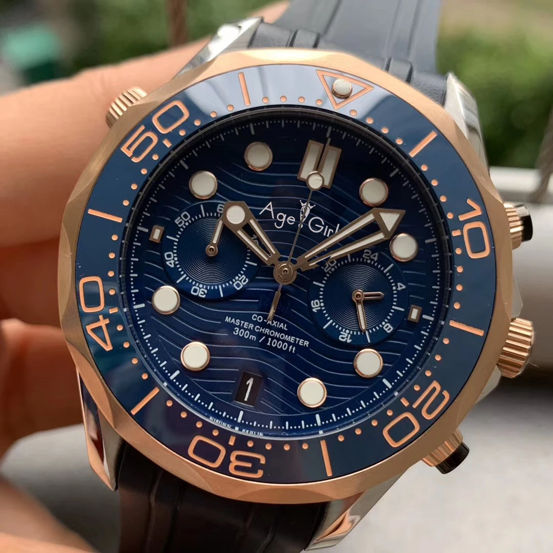 

Luxury Brand New Men Japan Quartz Chronograph Watch Black Rubber Rose Gold Blue 007 Blue Ceramic Bezel Sapphire StopWatch 44MM