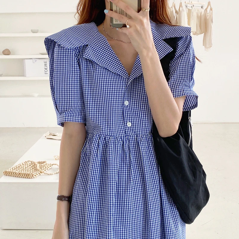 ZOSOL Korean Chic French Retro Sailor Collar Three Button Slim High Waist Lace-up Loose Plaid Dress Women | Женская одежда