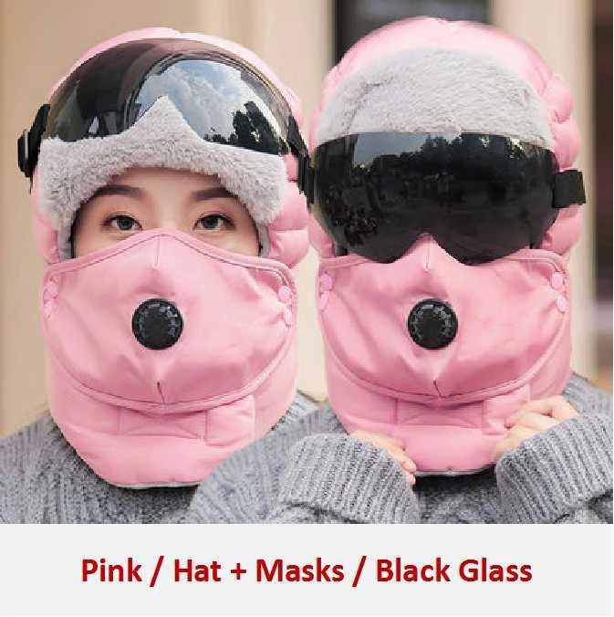 Pink Black Glass Зимняя шапка, шарф, набор для мужчин и женщин, шапки-бомберы, плюшевые ушанки, ветрозащитные очки, лобовое стекло, пилот, лыжная езда, искусственный мех, шапки-бомберы - Цвет: Pink Black Glass