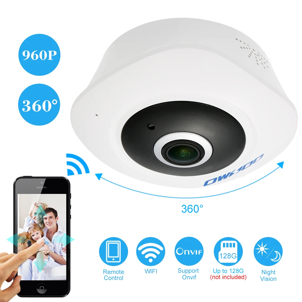 

OWSOO 360 Degree 960P Wireless WIFI Panoramic IP Camera Full View 1.44MM Lens Fish Eye VR Security CCTV Camera